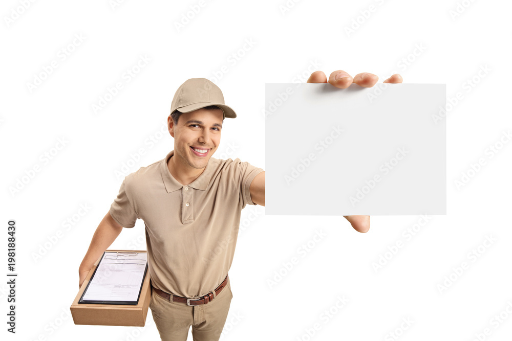 Delivery guy showing a blank card Delivery guy showing a blank card