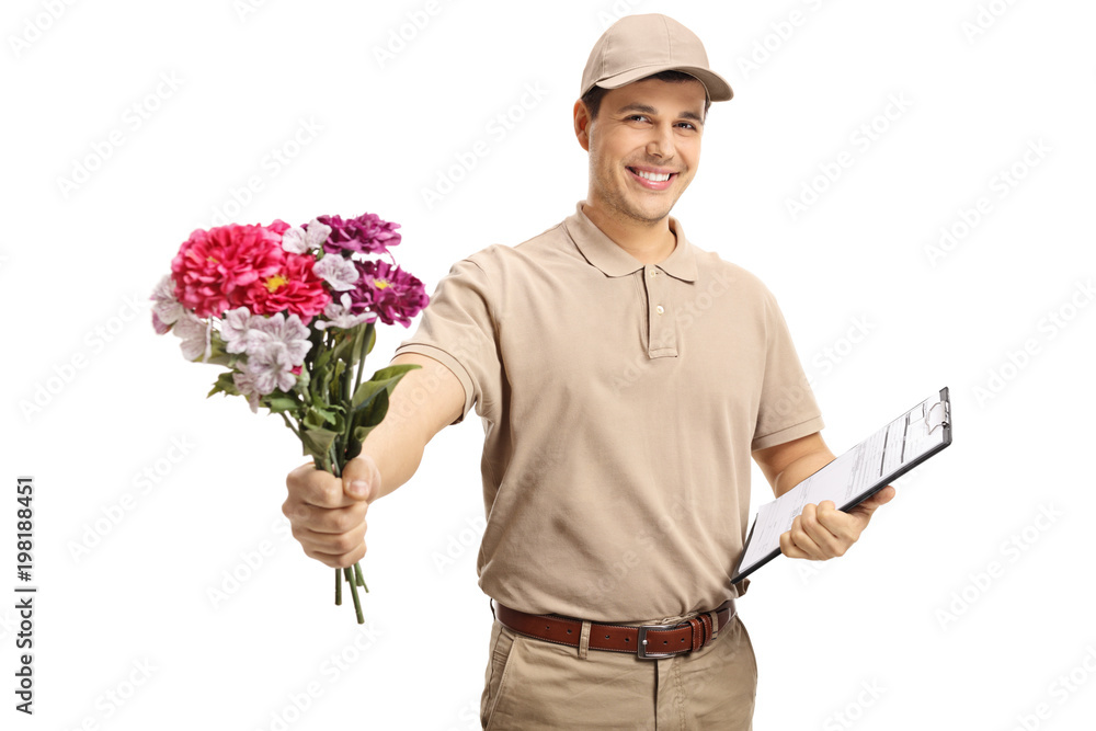 Delivery man delivering a bouquet of flowers and holding a clipboard Delivery man delivering a bouquet of flowers and holding a clipboard