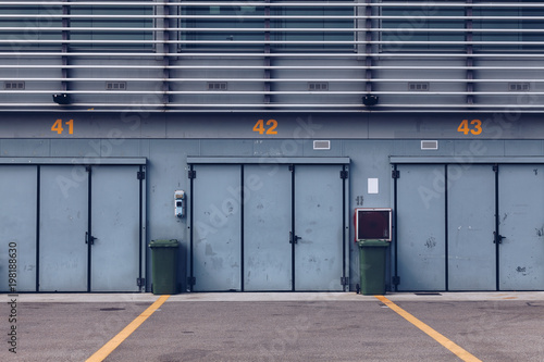 The National Autodrome of Monza - Pit Stop Lines and Garage Area in an Empty Race Track - Monza Circuit in Lombardy - Italy.