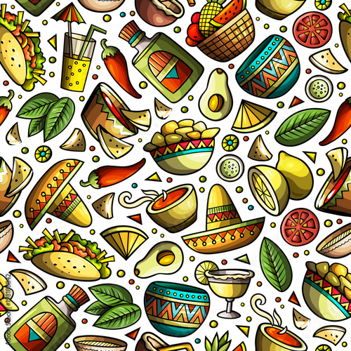 Cartoon hand-drawn latin american, mexican seamless pattern