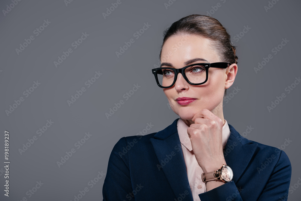 close-up portrait of adult businesswoman in stylish vintage eyeglasses isolated on grey close-up portrait of adult businesswoman in stylish vintage eyeglasses isolated on grey