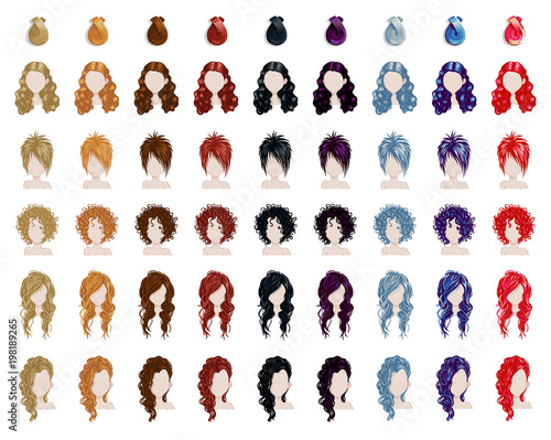 Big set of colorful beautiful female hair style sprites. Vector game design for app