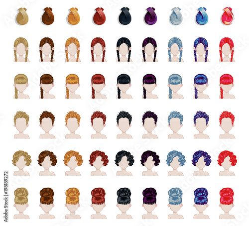 Big set of beautiful female hair style sprites. Vector game design for app