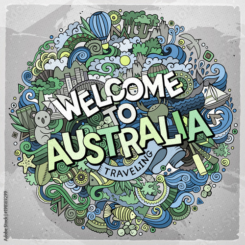 Fototapeta Naklejka Na Ścianę i Meble -  Cartoon cute doodles hand drawn Welcome to Australia inscription
