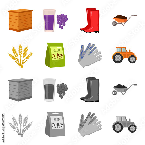 Spikelets of wheat, a packet of seeds, a tractor, gloves.Farm set collection icons in cartoon,monochrome style vector symbol stock illustration web.