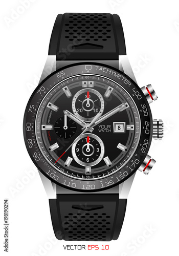 Realistic watch chronograph stainless steel black rubber clockwise red white fashion for men design luxury isolated vector illustration.