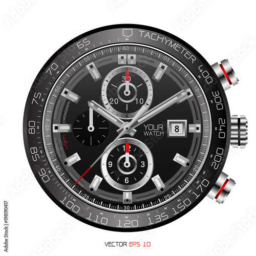 Realistic black clock face wristwatch chronograph stainless steel clockwise red white fashion for men design luxury isolated vector illustration.