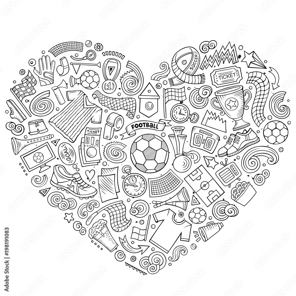 Set of vector cartoon doodle Football objects collected in a heart Set of vector cartoon doodle Football objects collected in a heart