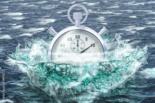 Stopwatch drowning in the sea, 3D rendering
