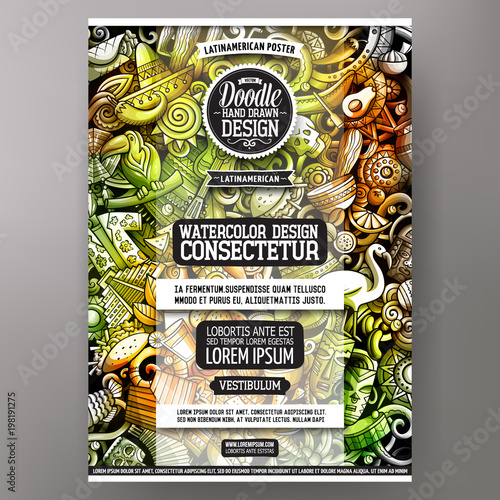 Cartoon watercolor hand drawn doodles Latin America poster design template