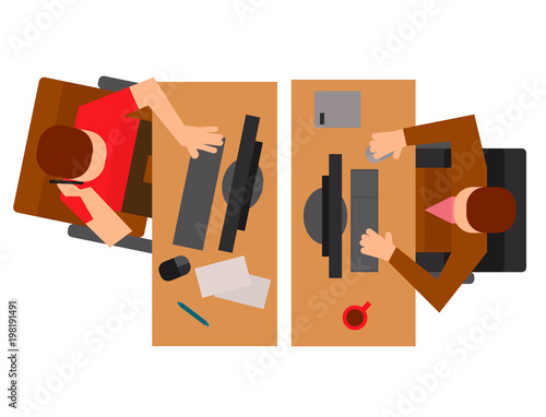 Workplace office tables vector business people team work process office concept web modern worker table top view flat illustration.