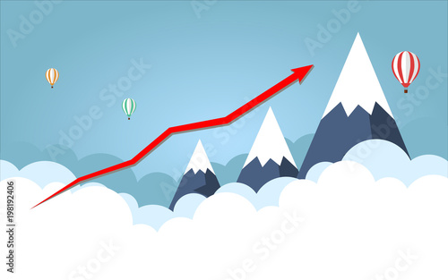 Business graph. Red Arrow. On background High mountain with sky.