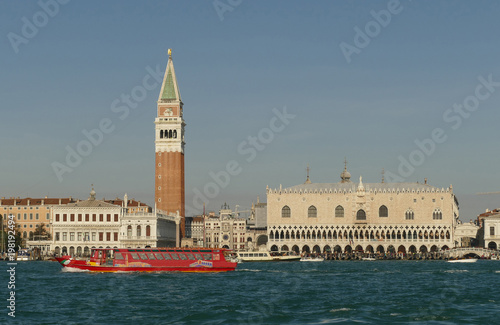 View over the lagoon of Venice to the Marcusplatz with the Campanile di San Marco and the Doges Palace