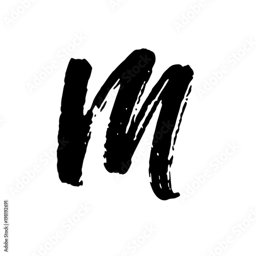 Letter M. Handwritten by dry brush. Rough strokes textured font. Vector illustration. Grunge style elegant alphabet.