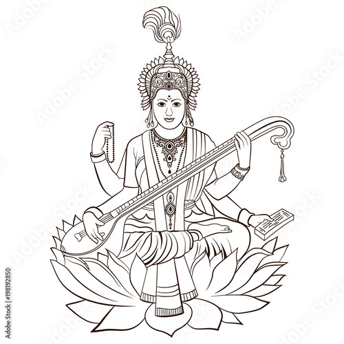 Hindu Goddess Saraswati. Vector hand drawn photo