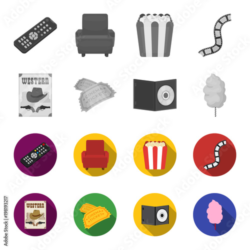 Western cinema, tickets, sweet cotton wool, film on DVD.Filmy and cinema set collection icons in monochrome,flat style vector symbol stock illustration web.