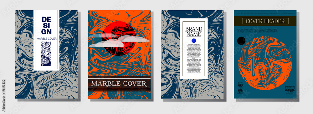 Marble Ink Texture Cover Collection. A4 Vector Liquid Paint Journal Template. Orange, Brown, Green, Trendy Marble Ink Texture Cover Set. Neutral Faded Colors, Hipster Music Poster. Suminagashi Ebru.