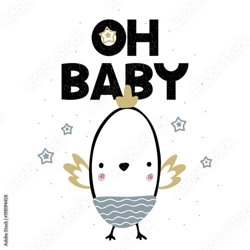 Card with lettering oh baby and little cute chick. Vector illustration in handwritten cartoon style