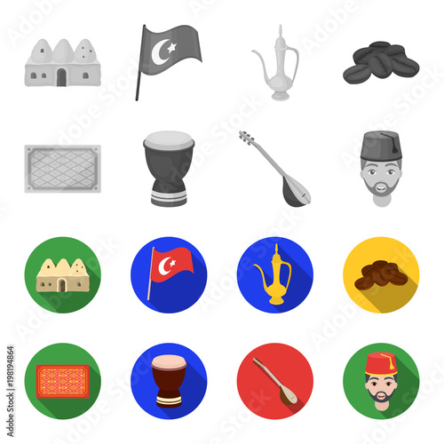 Turkish carpet, saz, drum, turkish men.Turkey set collection icons in monochrome,flat style vector symbol stock illustration web.