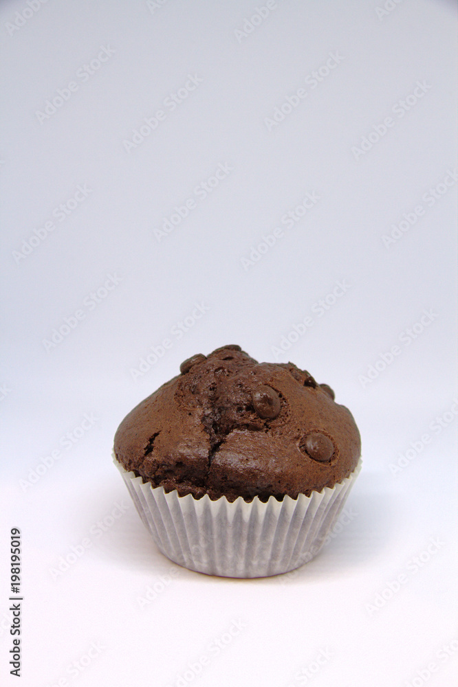 Chocolate cupcake with chocolate slices on isolated background