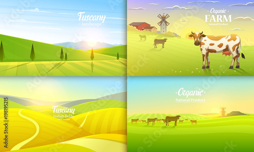 Rural landscape and cows. Farm Agriculture. Vector illustration. Poster with meadow, Countryside, retro village for info graphic, websites. Milk and dairy, Windmill and hay. Summer morning background.