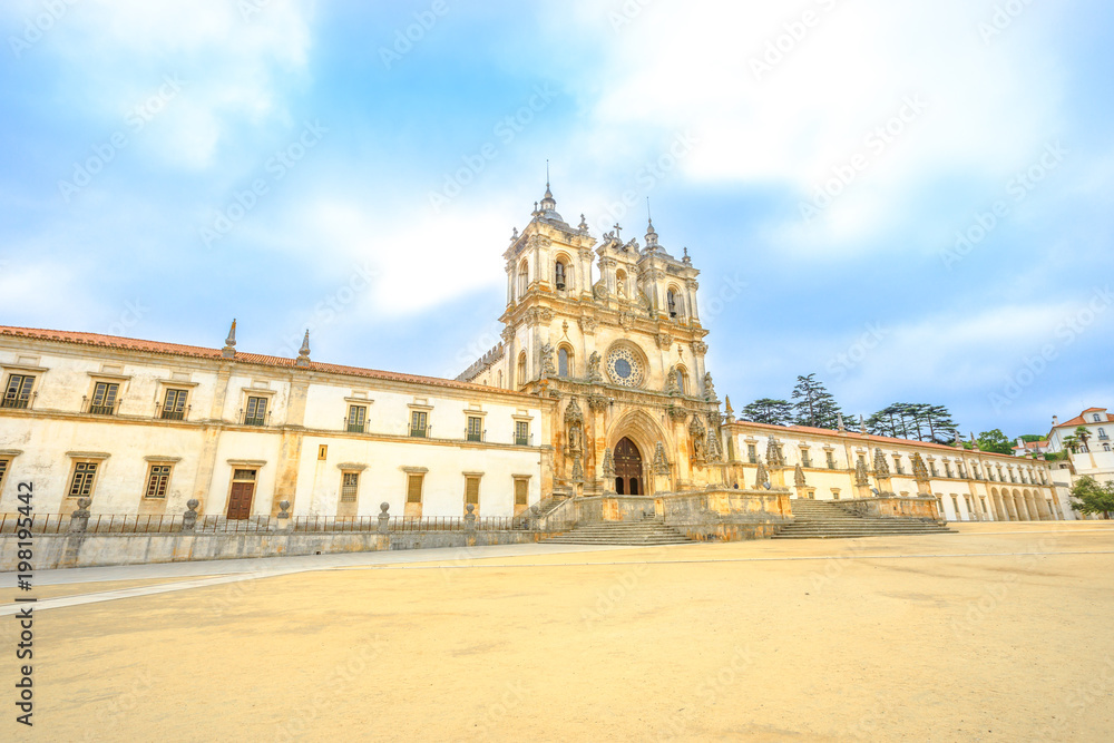 Perspective view of Roman Gothic Monastery of Alcobaca or Mosteiro de Santa Maria de Alcobaca, UNESCO Heritage, Alcobaca city.The church and abbey were the first Gothic building in Portugal.Copy space