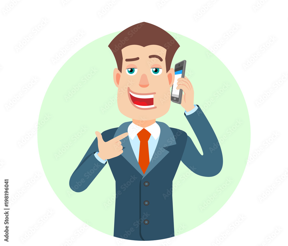 Businessman pointing his finger at the mobile phone that he talks