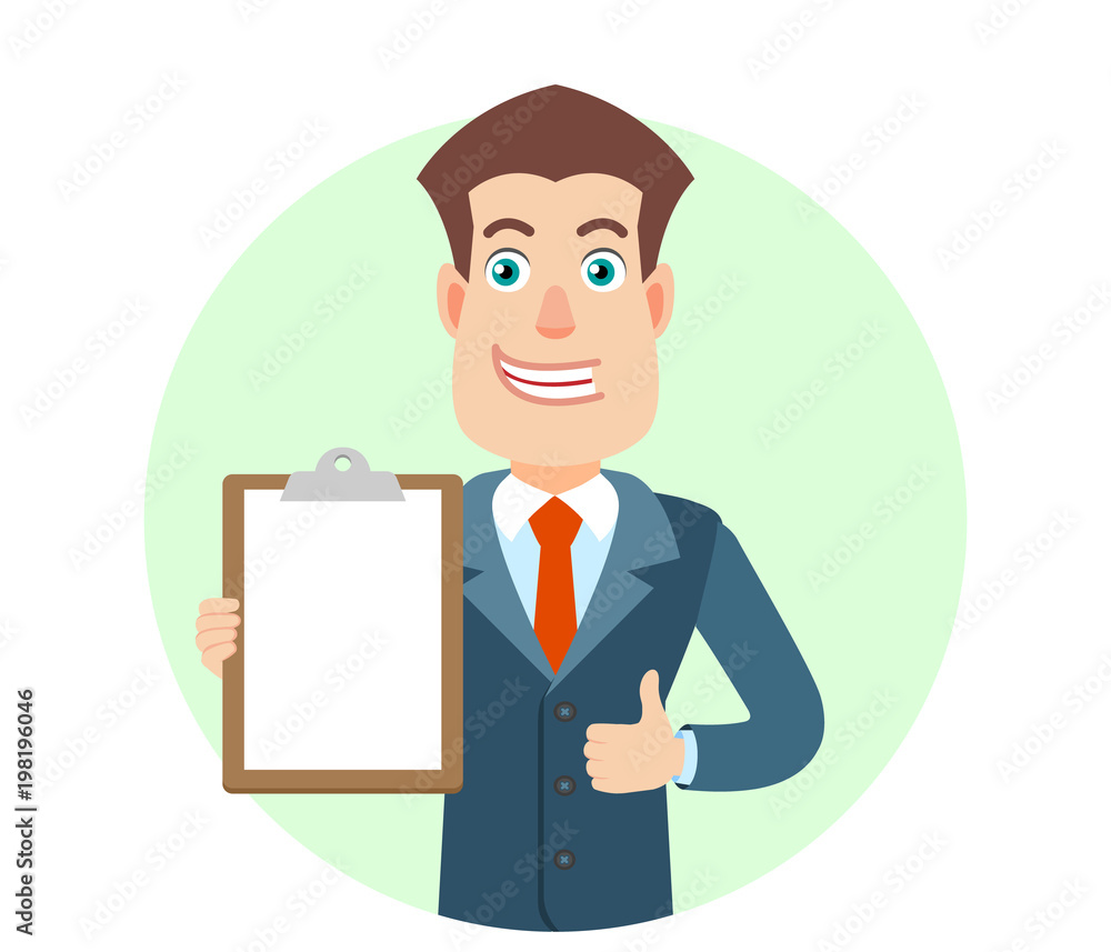 Businessman holding clipboard and showing thumb up