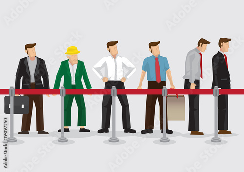 People Waiting Behind Stanchions Cartoon Vector Illustration