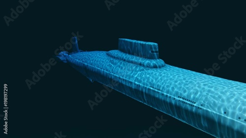 Gigantic russian navy Typhoon Akula class nuclear ballistic missile submarine floating at a great depth. Blank dark blue background at the final of clip. Realistic 3D animation rendered in 4K photo