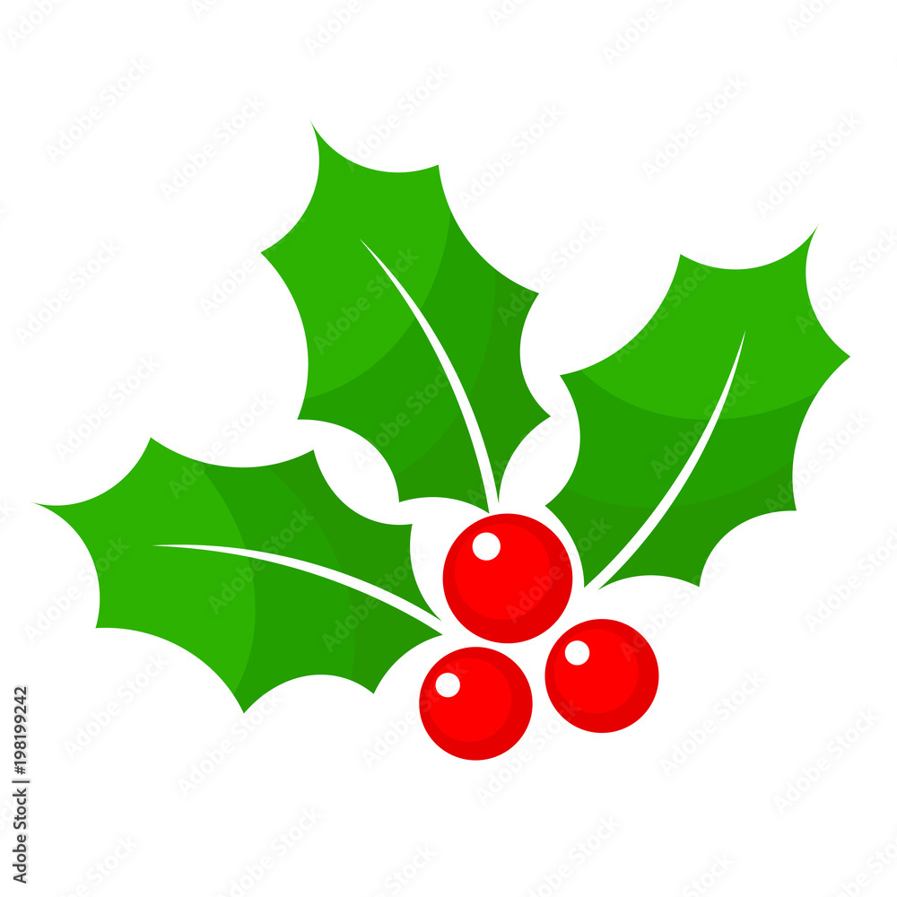 Christmas holly berry flat icon in cartoon style on white, stock vector illustration Christmas holly berry flat icon in cartoon style on white, stock vector illustration