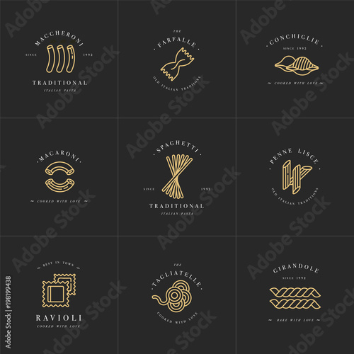 Vector set of logo design templates and emblems or badges. Italian pasta - noodle, macaroni. Linear logos.