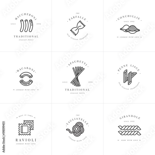 Vector set of logo design templates and emblems or badges. Italian pasta - noodle, macaroni. Linear logos.