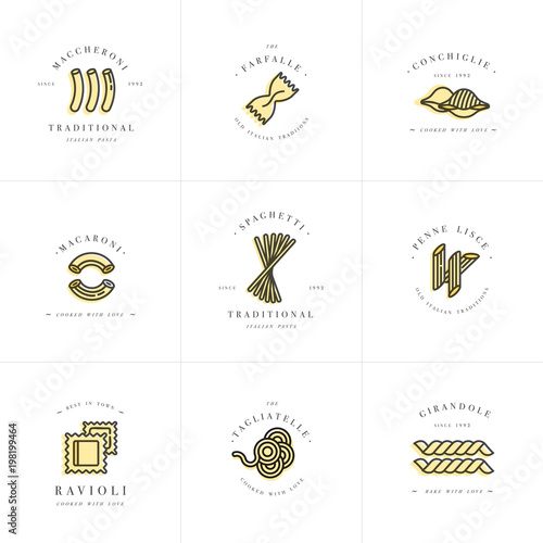 Vector set of logo design templates and emblems or badges. Italian pasta - noodle, macaroni. Linear logos.