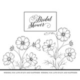 Floral garland of wild flowers on white background. Bridal shower card with text place in the center. Vector illustration.