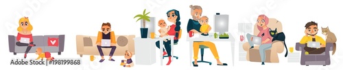 Set of people working at home, self-employed, freelancers, home office concept, flat cartoon vector illustration isolated on white background. Set of freelance, self-employed people working at home