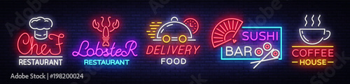 Food neon sign vector collection. Set neon logos, emblems, symbols, Chief Restaurant, Lobster Restaurant, Food Delivery, Sushi Bar, Coffee House. Design templates, Neon Billboard