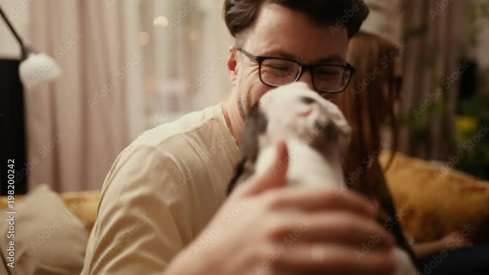 Man relaxing at home with playful puppy licking his face. Man relaxing at home with playful puppy licking his face.