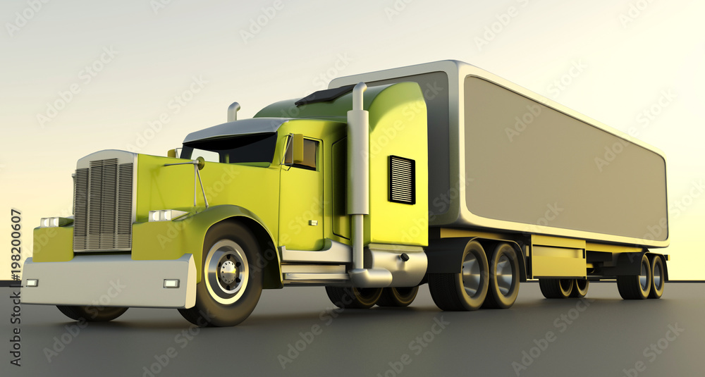 American style red truck. Semi Truck with Cargo Trailer. 3D rendering