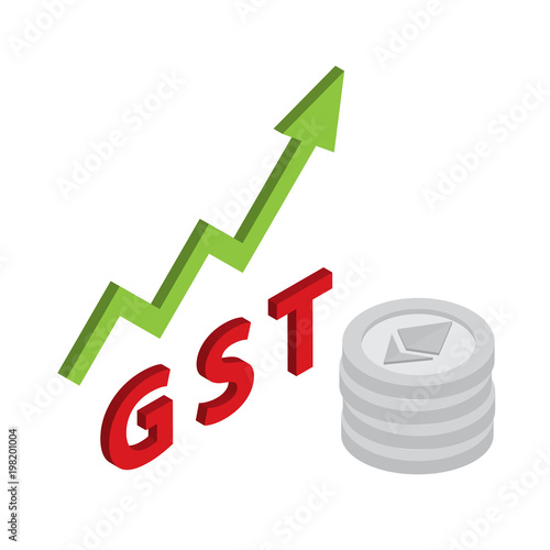 Ethereum isometric symbol with increasing of goods and service tax (GST), isolated vector illustration
