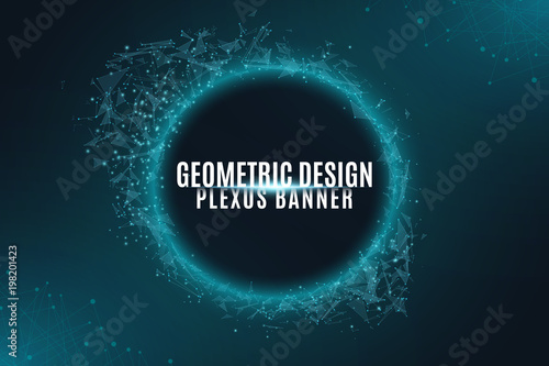 Geometric plexus banner of flying geometric particles on a black background. Connected triangular elements. Scientific background for your design. Vector illustration