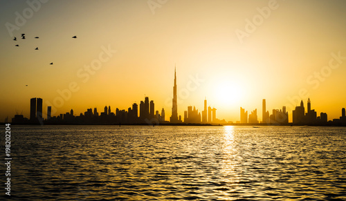 Panoramic view of Dubai at sunset