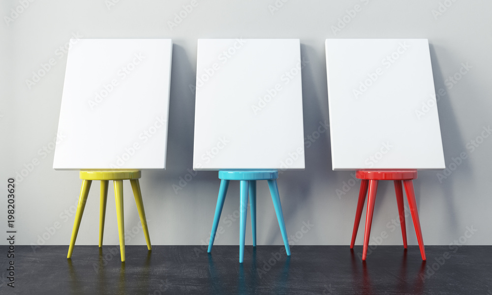 Canvas Mockup On Wooden Chairs in empty room, 3d illustration Canvas Mockup On Wooden Chairs in empty room, 3d illustration