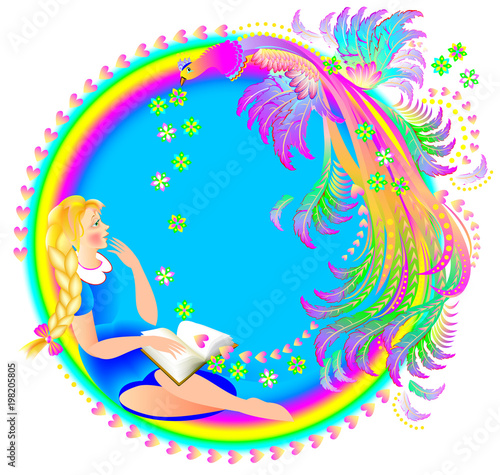 Illustration of beautiful girl reading the book and dreaming on fantasy background with firebird and rainbow. Cover for fairy tale. Vector cartoon image.
