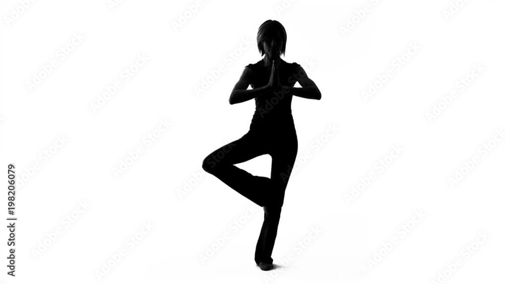 Young woman shadow practicing yoga, tree pose exercise, soul and body harmony Young woman shadow practicing yoga, tree pose exercise, soul and body harmony