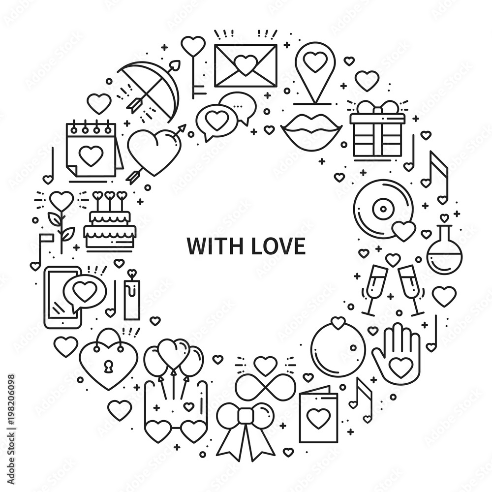 Circle frame with love symbols in line style. Love couple relationship dating wedding romantic amour concept theme. Unique Valentine day round print. Elements, icons.