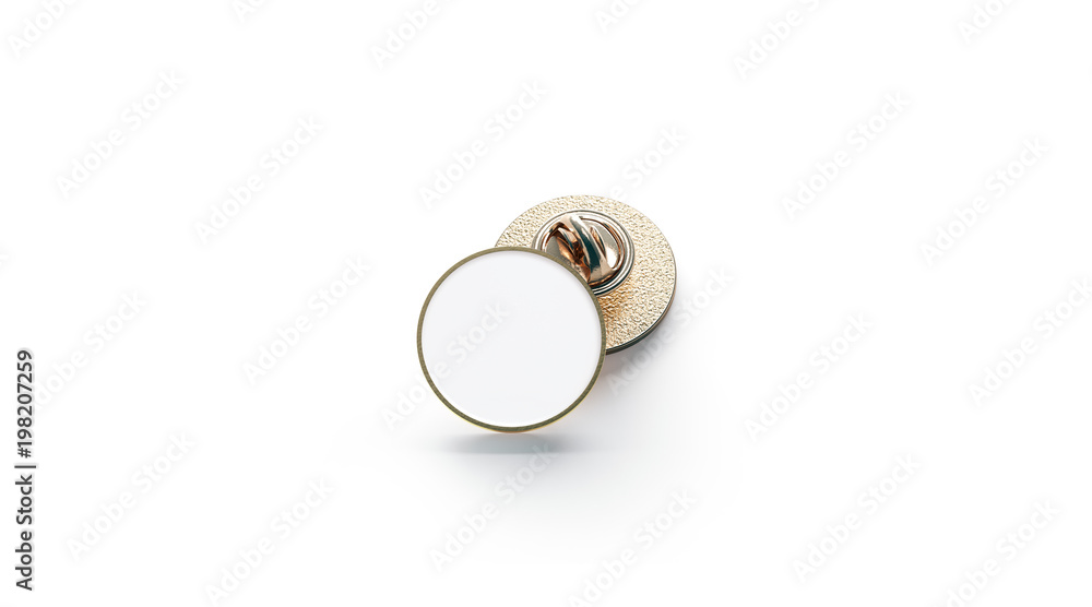 Blank white round gold lapel badge mockup stack, 3d rendering. Empty