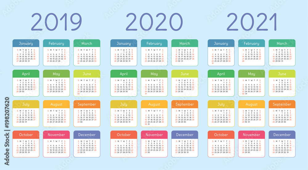 2019, 2020, 2021 calendar set. Color, pocket. Week starts on Sunday