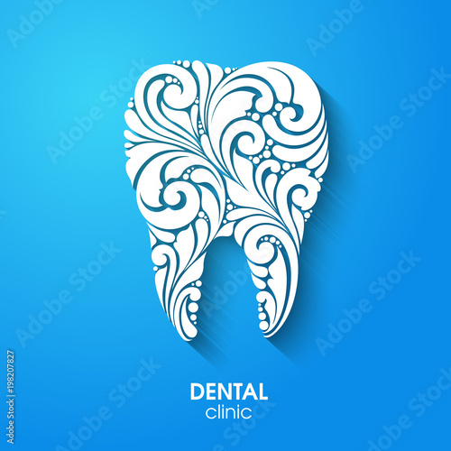 Abstract teeth silhouette. Ornate floral white tooth symbol on blue background. Medical dentist dental clinic sign icon logo.