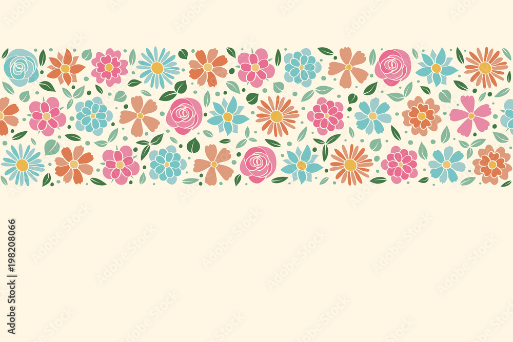 Design of a card with hand drawn flowers for Mother's Day, Women's Day and birthday party. Vector.